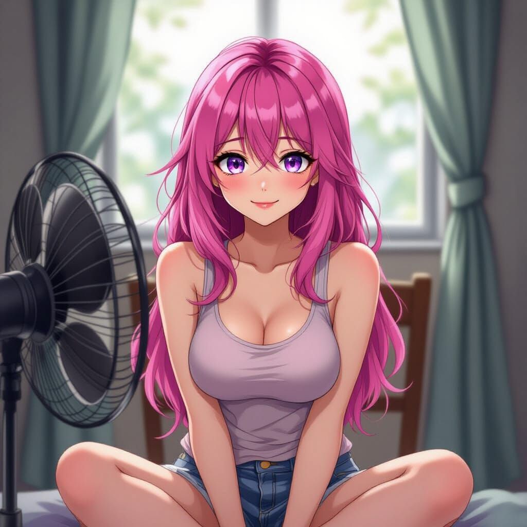 Pink-Haired Woman Enjoys Fan on a Hot Day