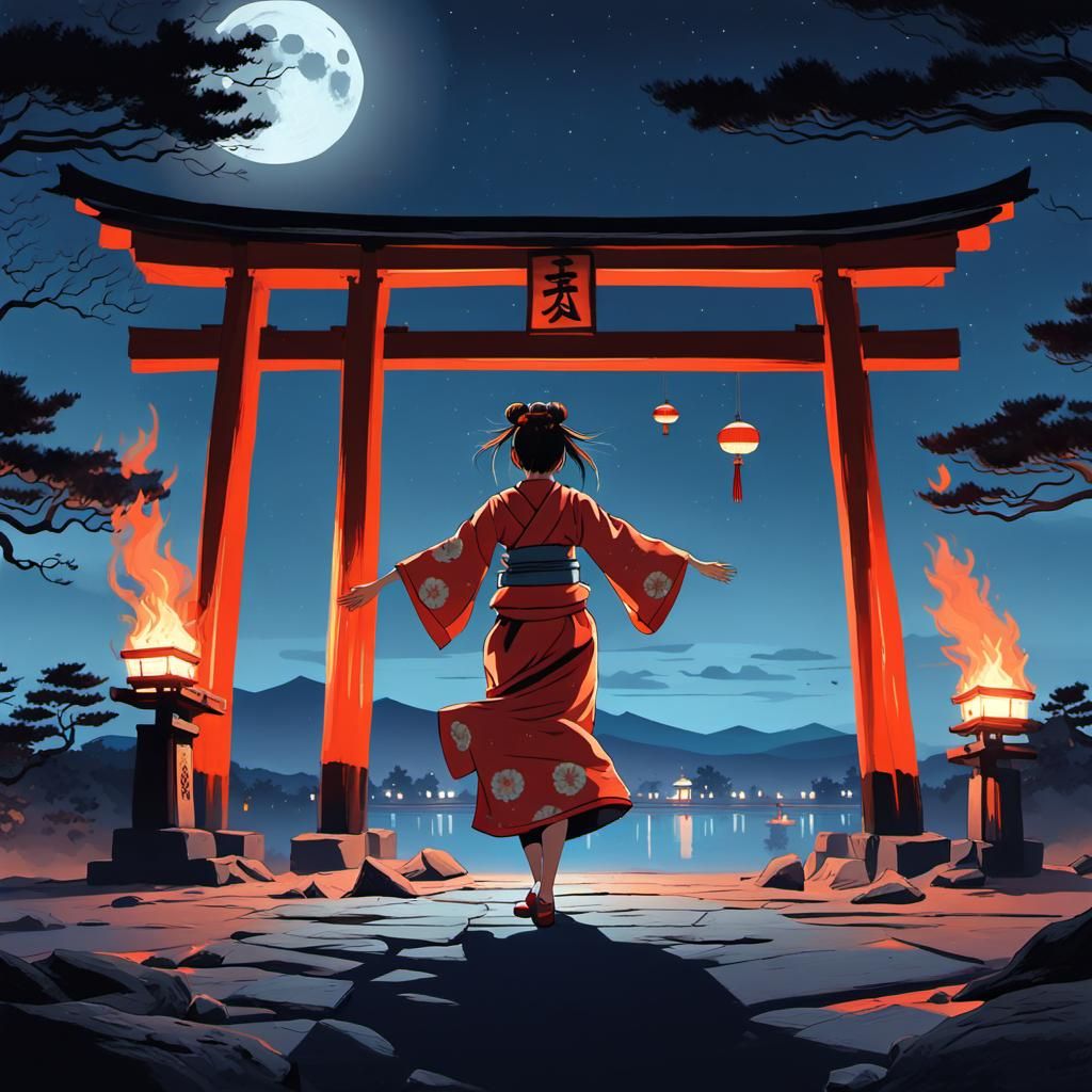Shrine Maiden Dancing Under Full Moonlight at Heian Shrine