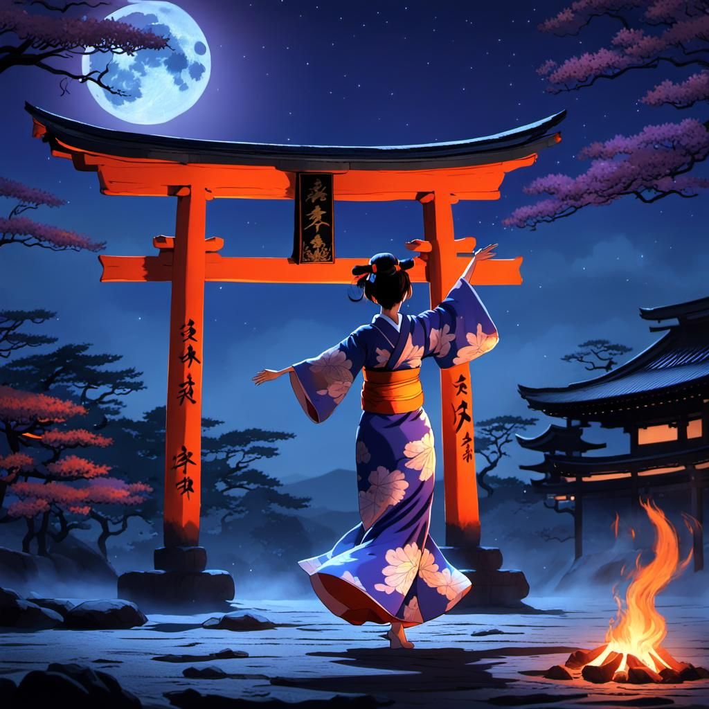 Shrine Maiden Dances Under Full Moon in a Fantasy Landscape