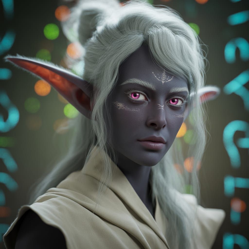 Elegant Elf Portrait with White Hair and Pink Eyes