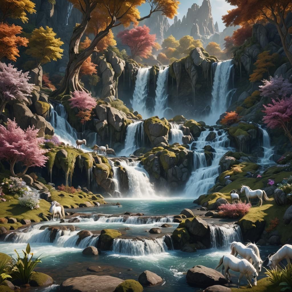 Unicorns at Waterfall: Fantasy Concept Art