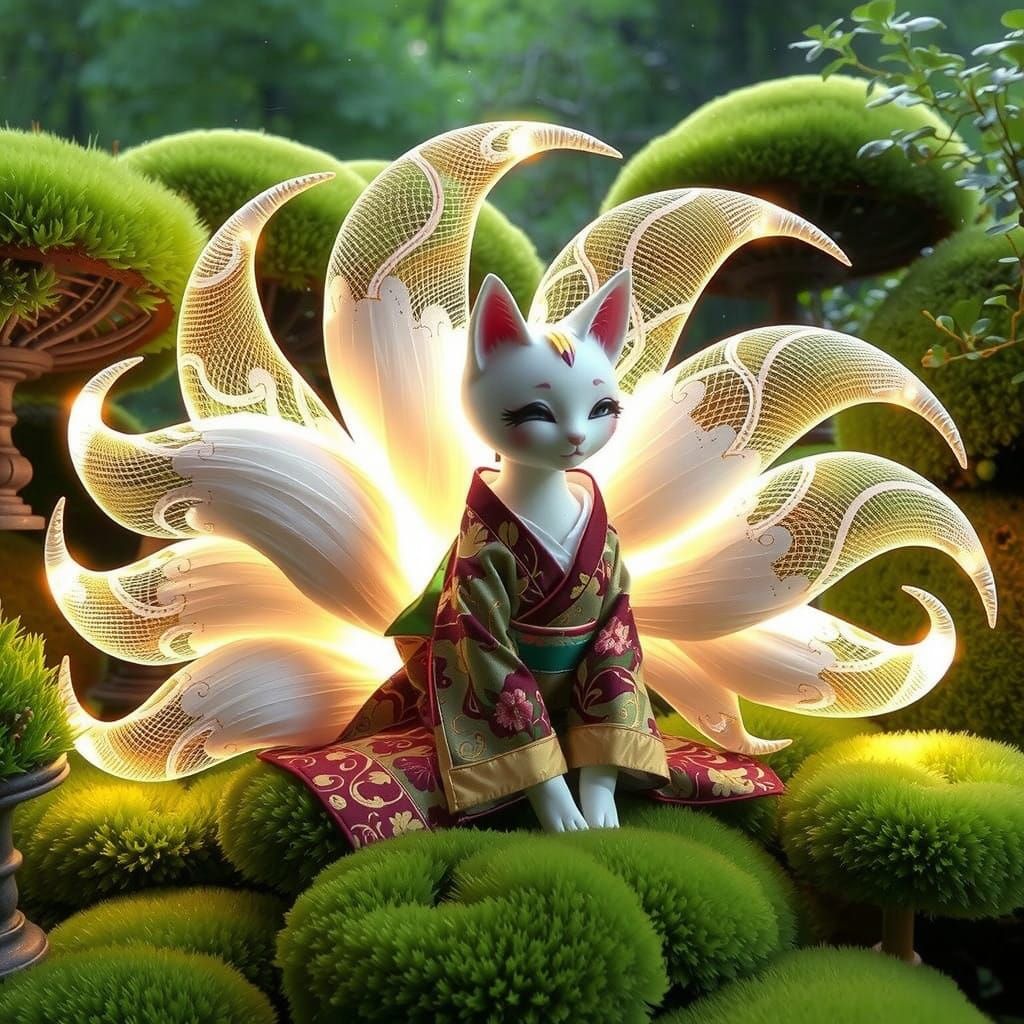 Nine-Tailed Cat Doll in Japanese Moss Garden
