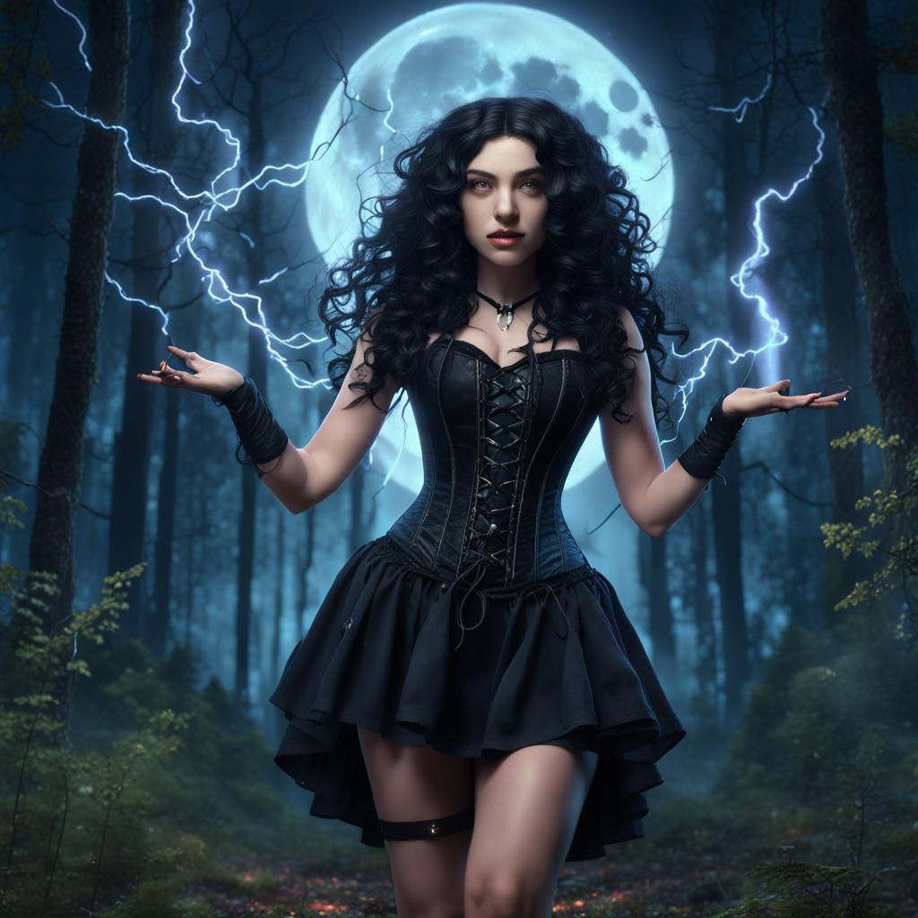 Sorceress Witch Casting Lightning Spells at Midnight