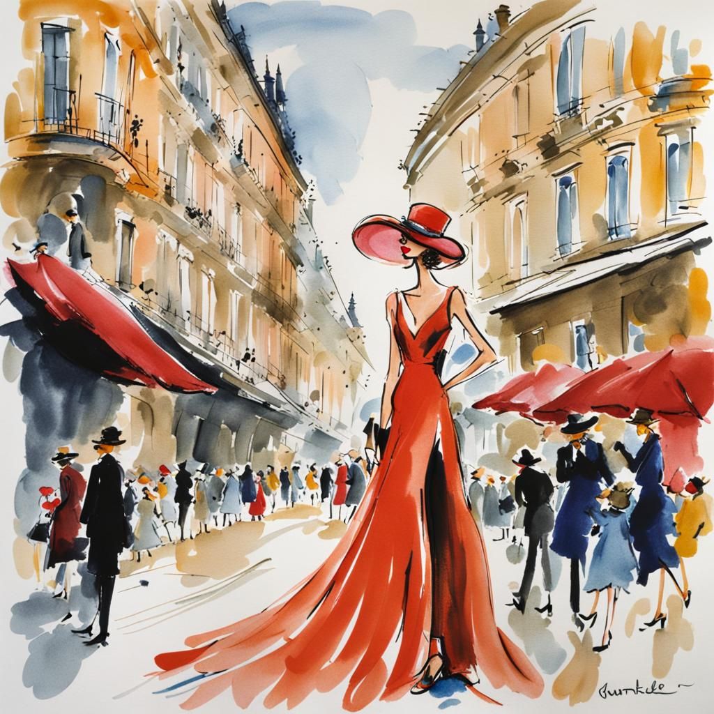 Vogue Model in City, Quentin Blake Style