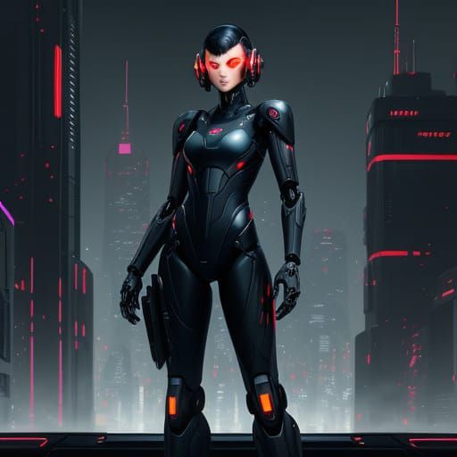 Sleek Black Mecha Soldier Heroically Stands Amidst Futuristi...