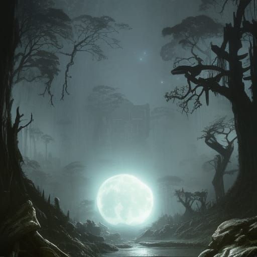 Moon Over Forest City: Dark Fantasy Concept Art