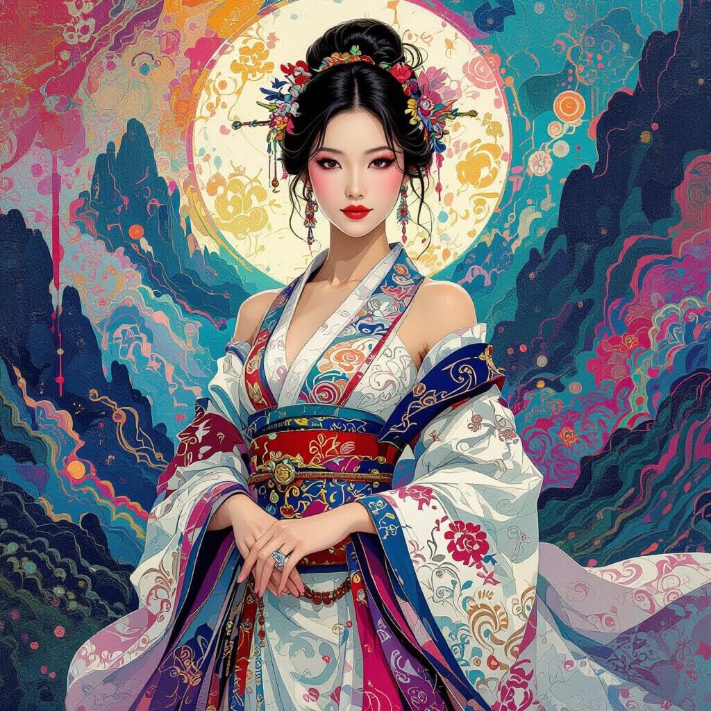 Woman in Kaleidoscopic Background, Fantasy Art Style