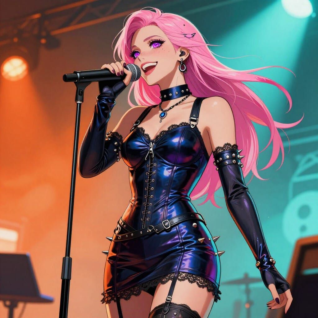 Pink Haired Singer on Stage in Leather Dress