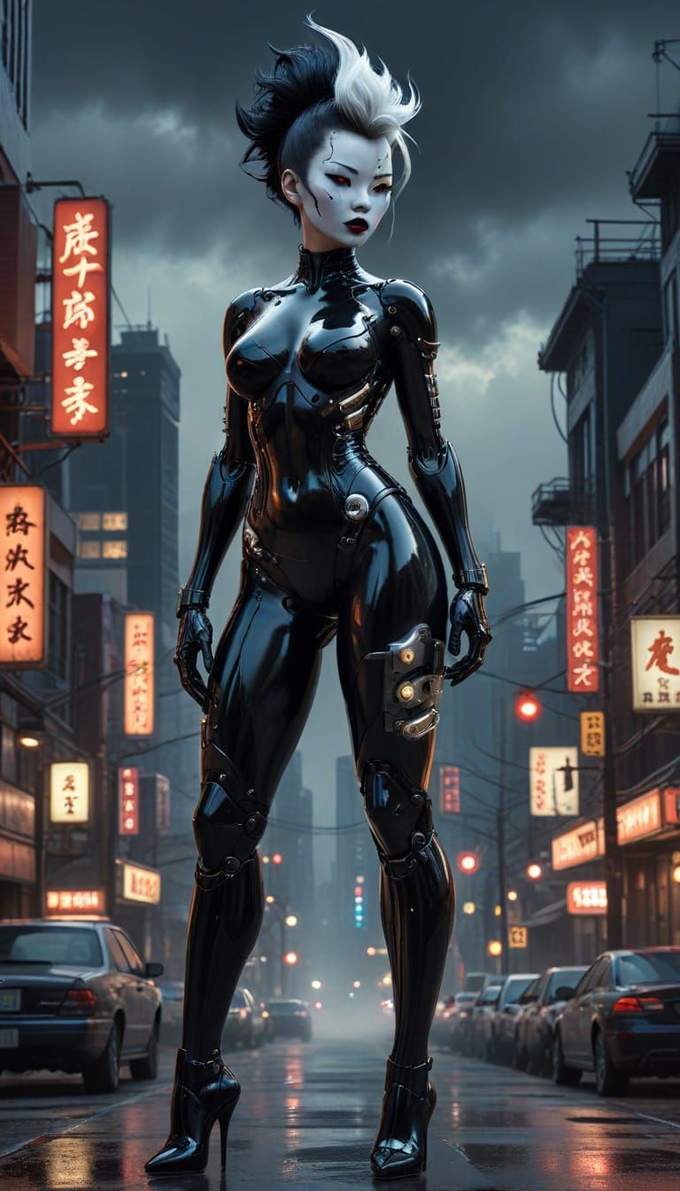 Frightening Gynoid Cyborg in Pinup Pose with Cyberpunk City