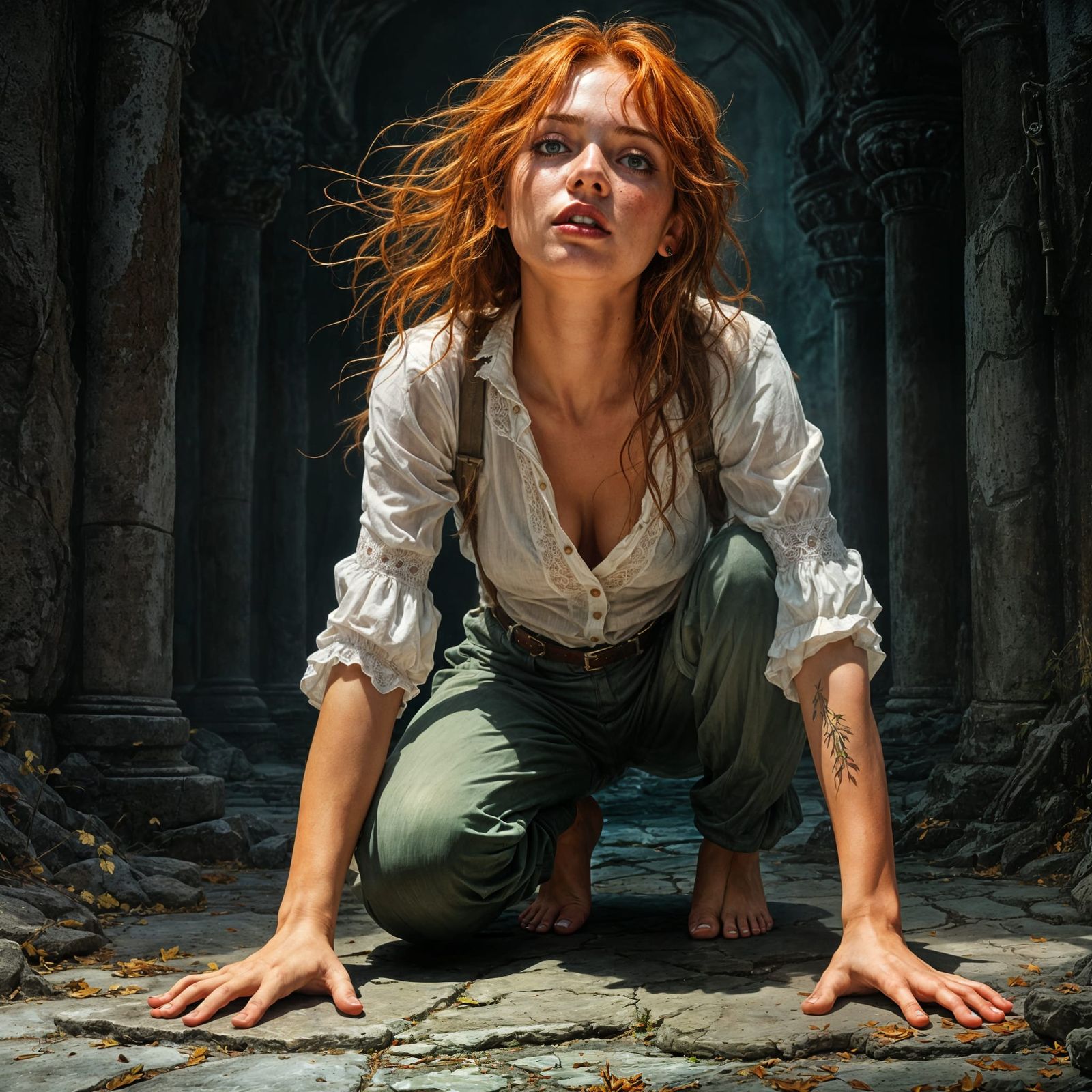 Adventuress Crawling Through Dark Fantasy Temple