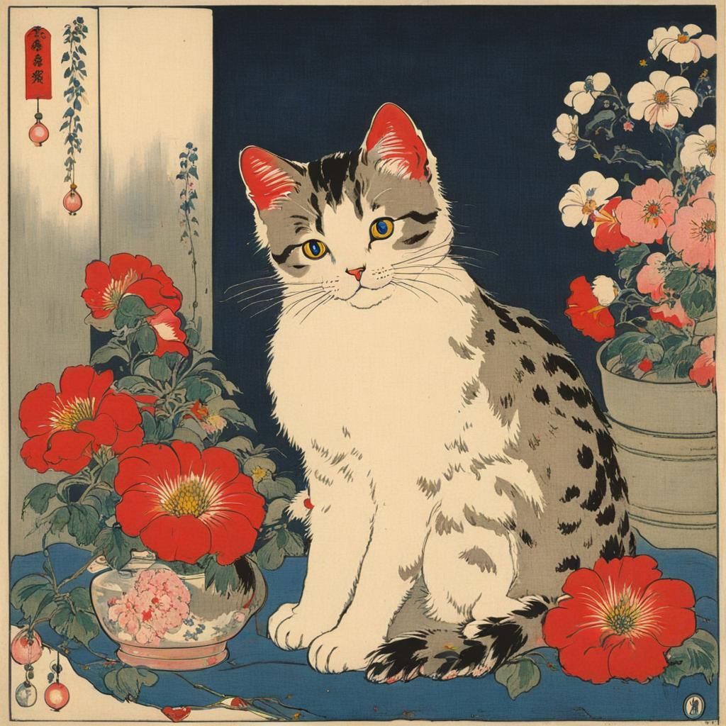 Ukiyo-e Cat Surrounded by Flowers and Heart Lights