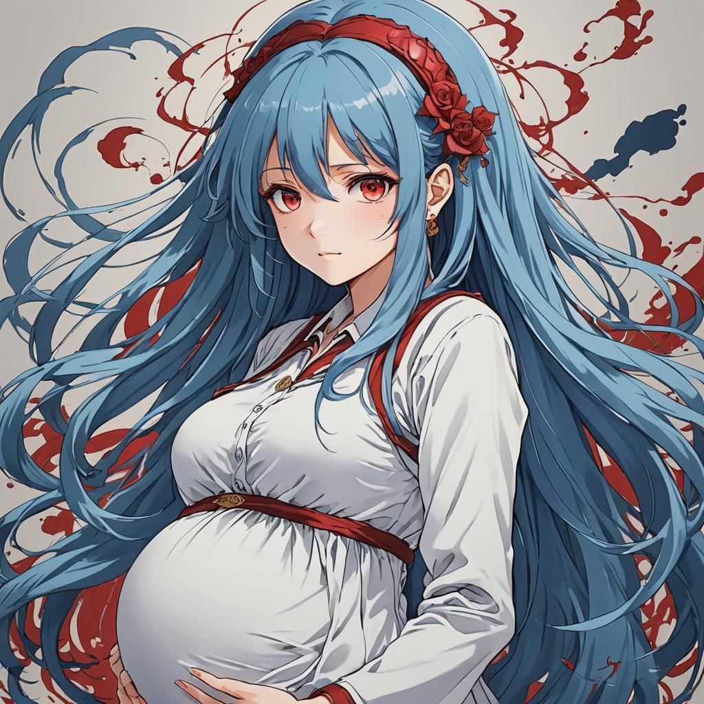 Pregnant Anime Girl with Blue Hair and Red Eyes