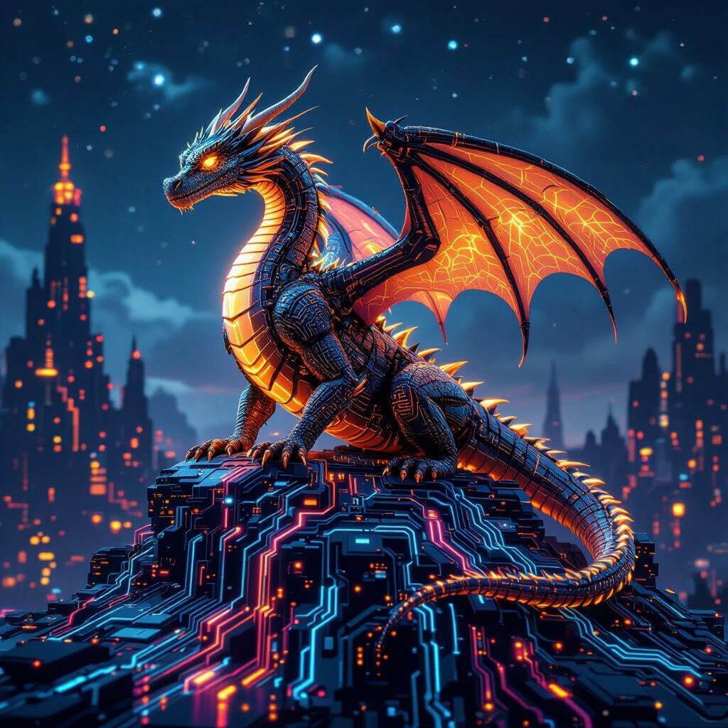 Glowing Circuit Dragon Over Electronic World