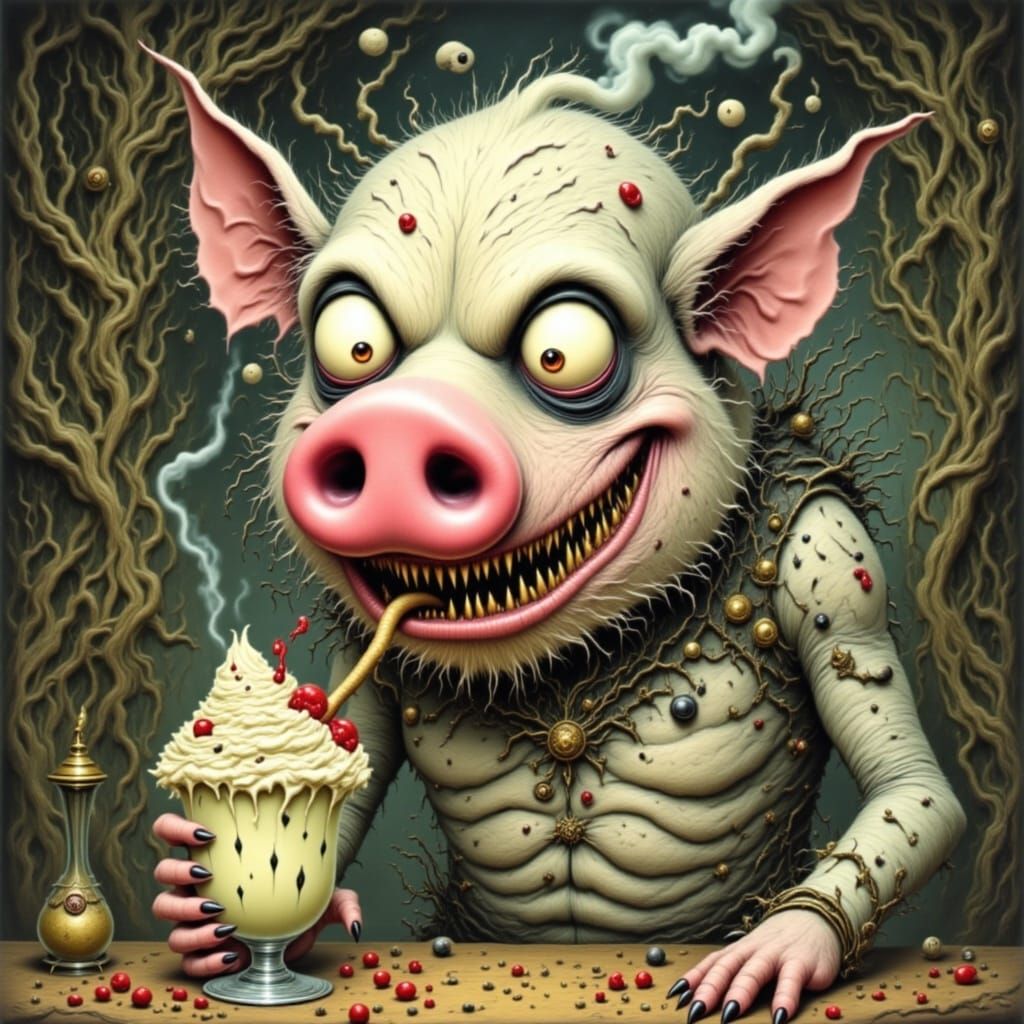 Imagine a Monster pig eating an ice cream sundae