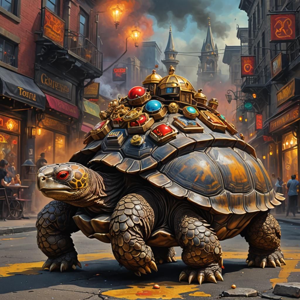 Steampunk Tortoise with V-8 Engine, Digital Art