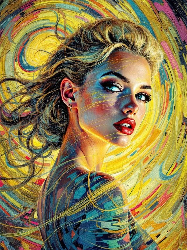 1950s Pin-Up in Van Gogh-Inspired Cyberpunk Style