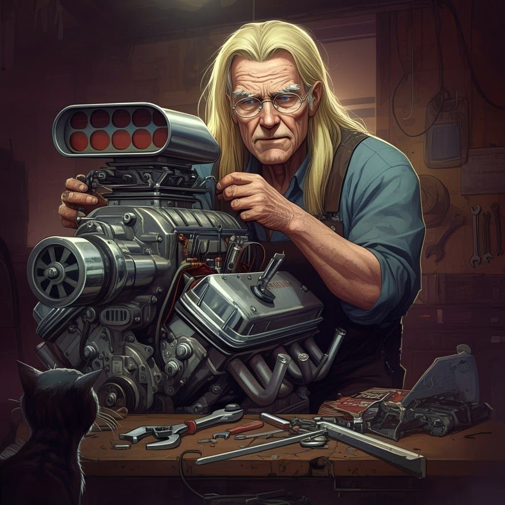 Old Mechanic Working on Motor, Comic Book Style