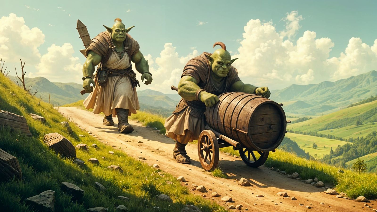 An ogre couple  pushing a wooden barrel of Meade.
