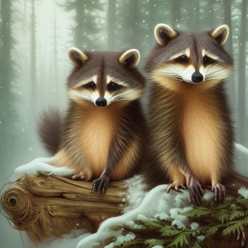 Raccoons in Snowy Forest, Rococo Style