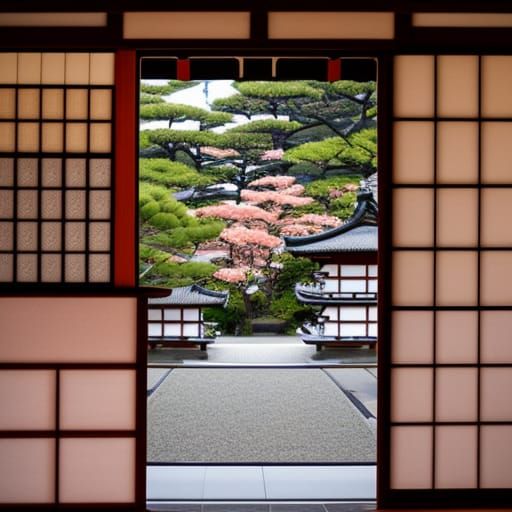 Geisha at Japanese Temple with Cherry Blossoms