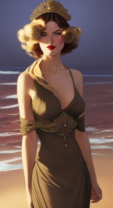 Art Deco Woman with Champagne on Beach