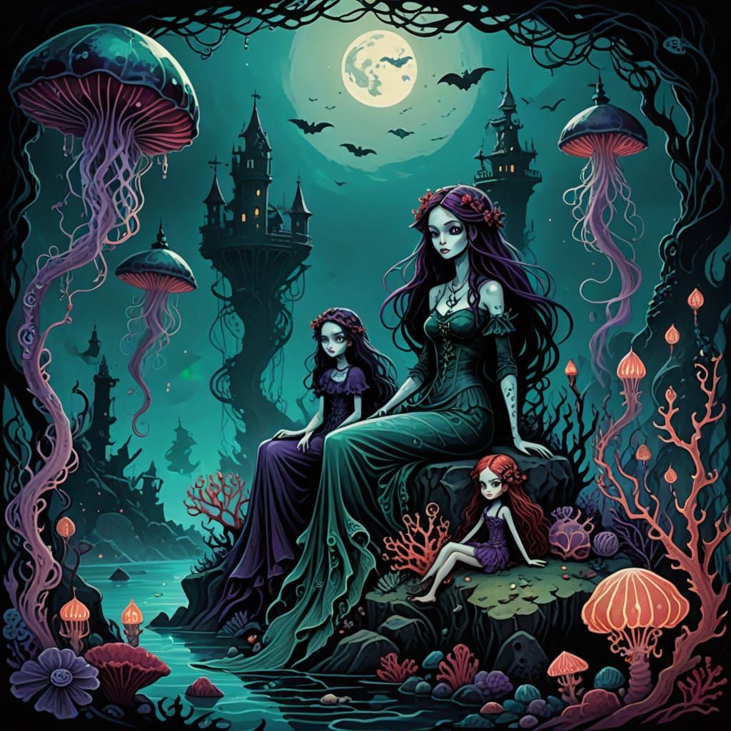 Gothic Merfolk Family in Pen and Ink Style