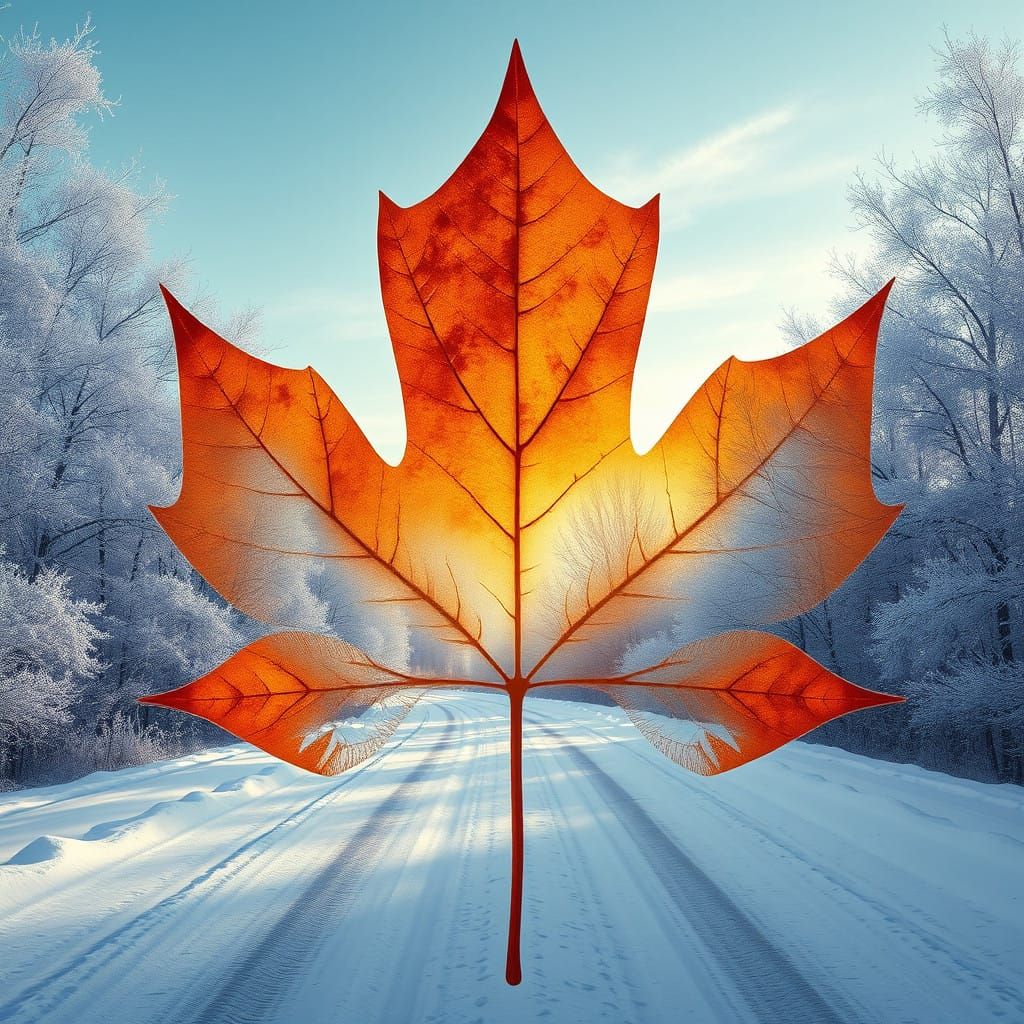 Serene Winter Scene Within Maple Leaf Silhouette