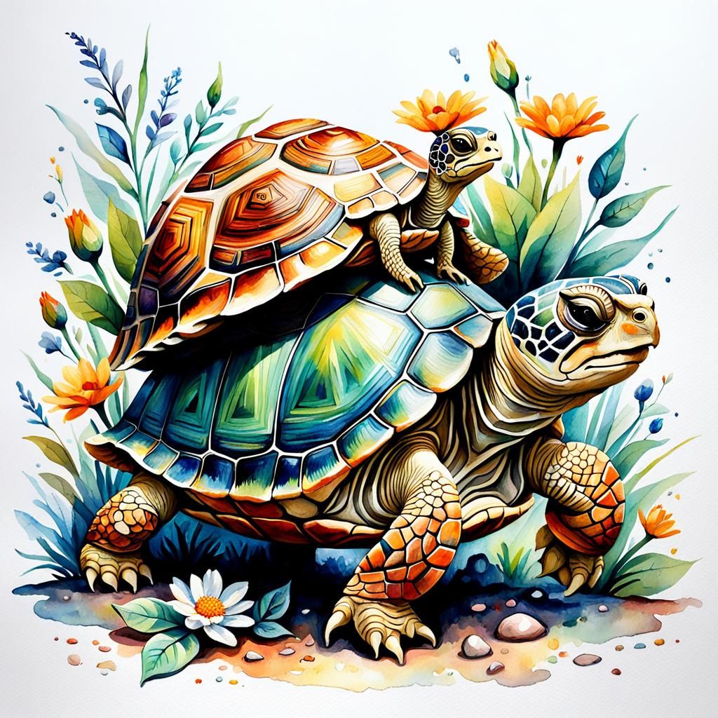 Una ilustración de una tortuga y un pequeño caracol, la tortuga transporta al caracol en cima de su caparazón, flores di...