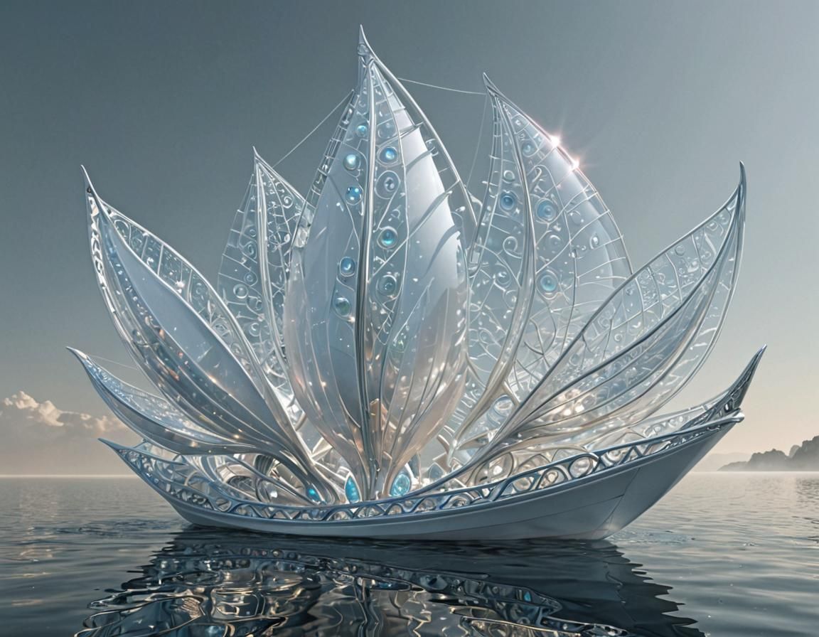 Futuristic Iridescent Lotus Ship with Glass Sails
