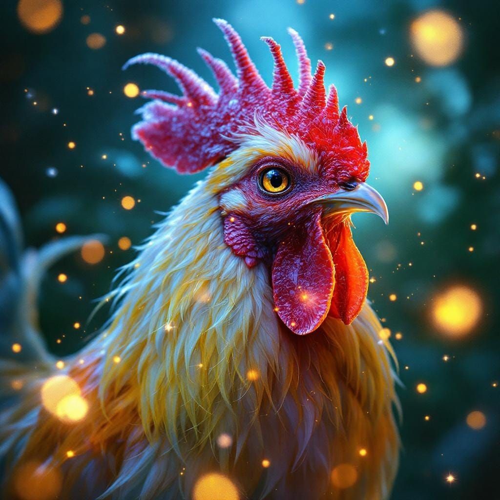 Rooster Ablaze with Fireflies in Luminous Digital Fantasy St...