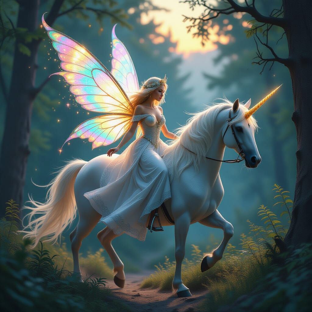 Fairy Woman Rides Unicorn in Enchanted Forest