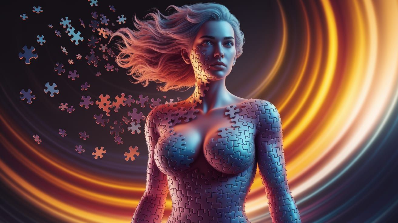 Ethereal Goddess Dissolves into Shimmering Puzzle Pieces