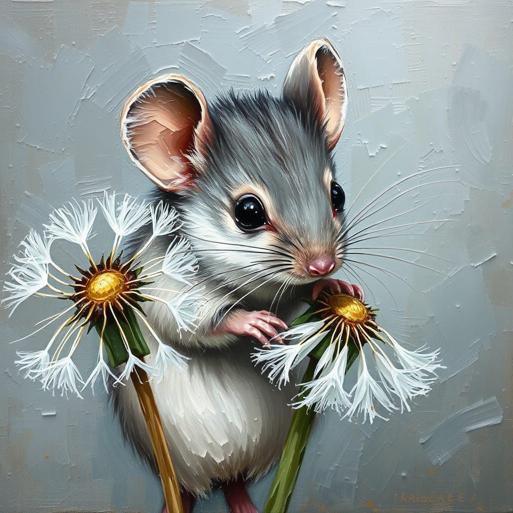 Mouse Hiding in Dandelions, Impasto Oil Painting