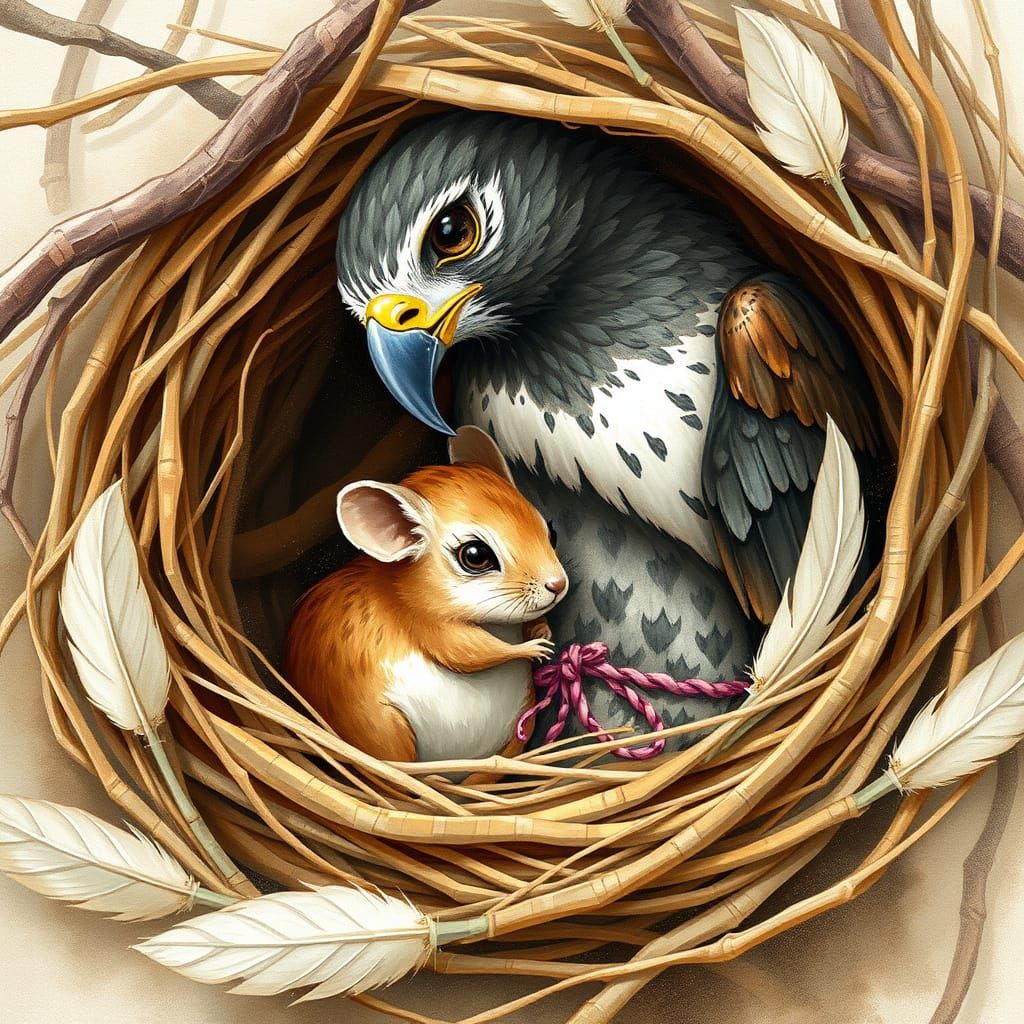 Hawk and Mouse Cozy in Nest, Whimsical Watercolor Style