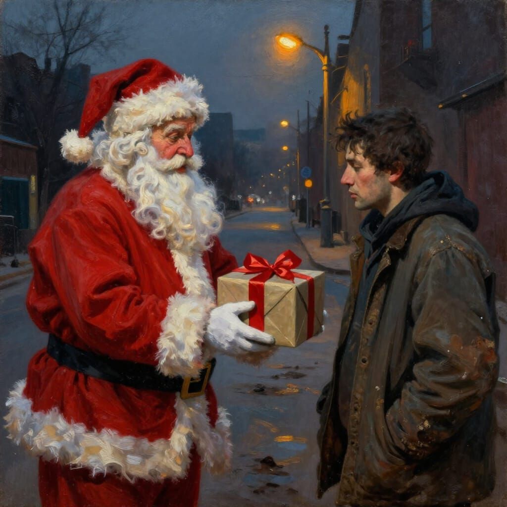 Santa Shares Gift With Homeless Man in Oil Painting Style