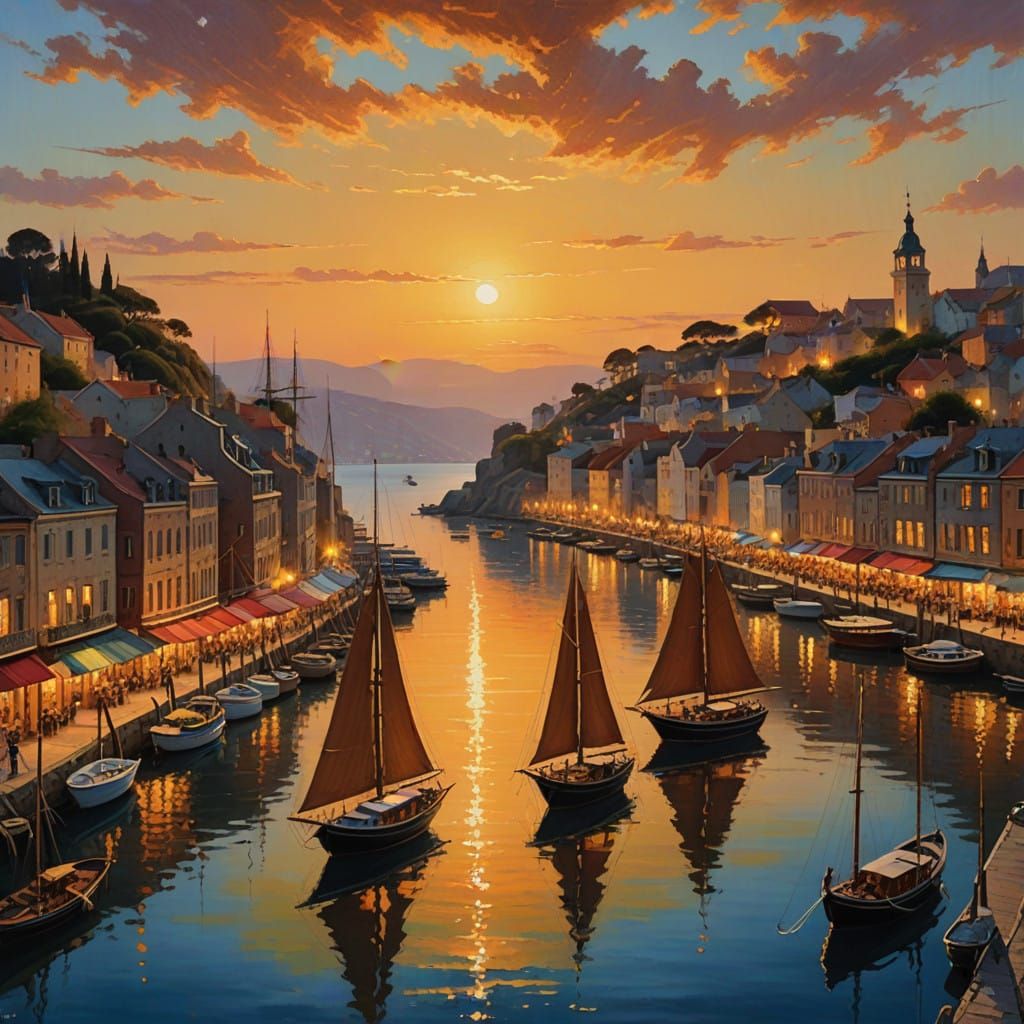 Bustling Fantasy Harbour at Sunset