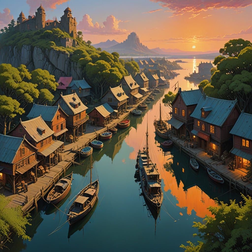 Serene Sunset Fantasy Harbour with Intricately Designed Boat...