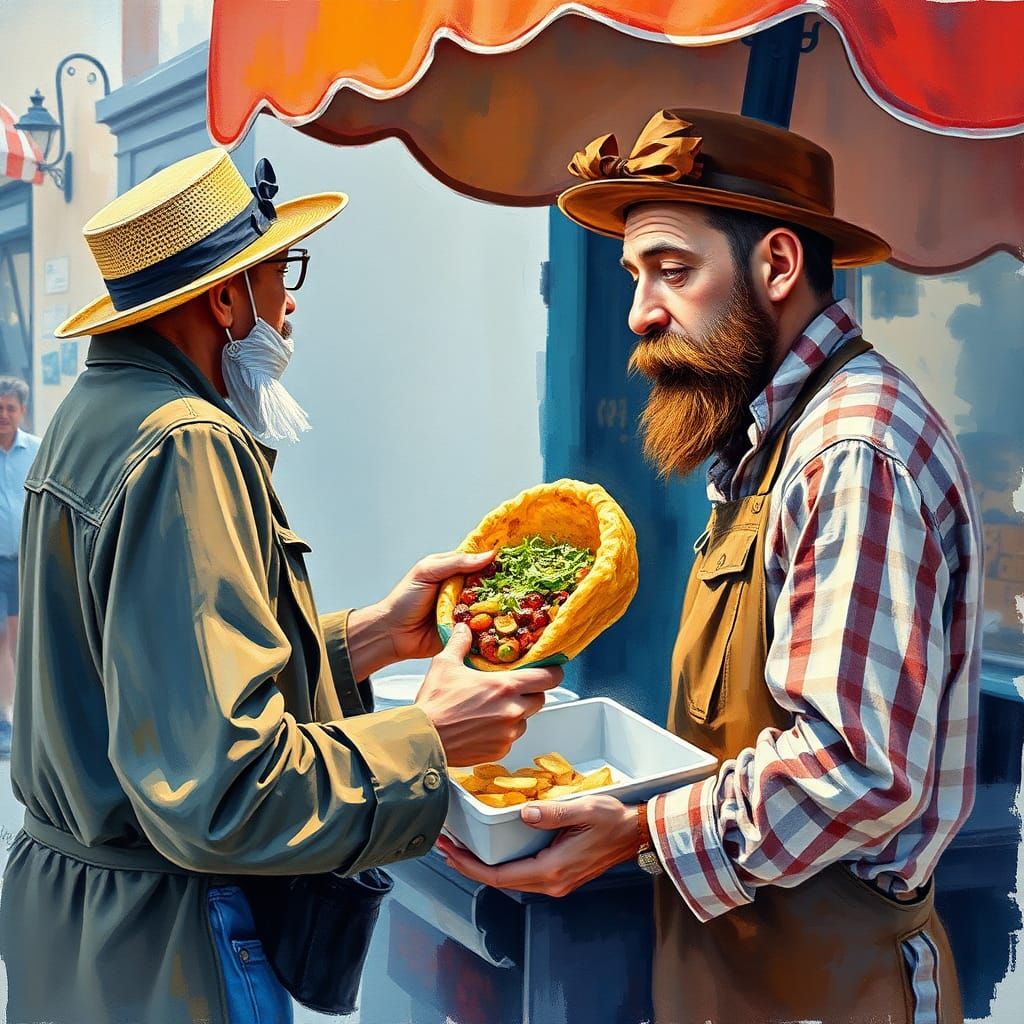 Greek Vendor Serves First Gyro: Gouache Impressionist Painti...