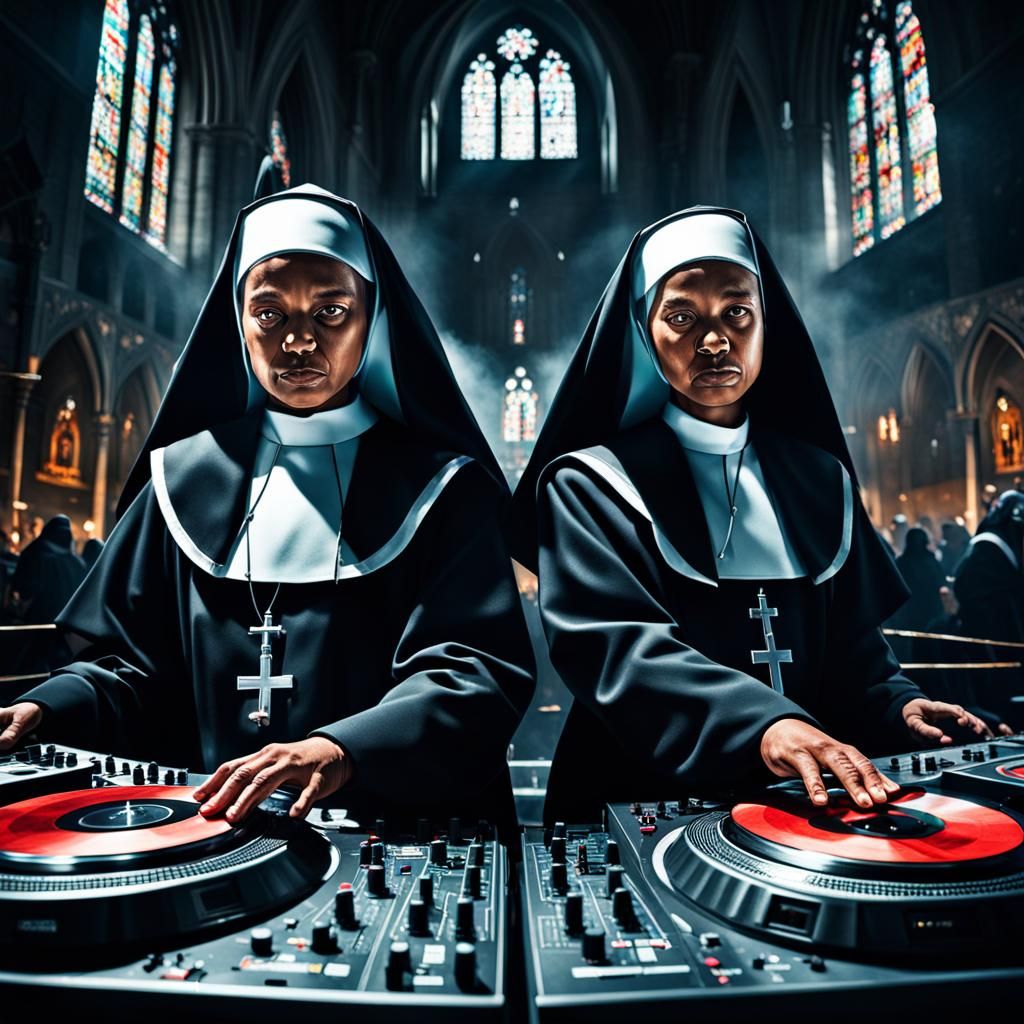 Hyperrealistic DJ Nuns in Cinematic Style