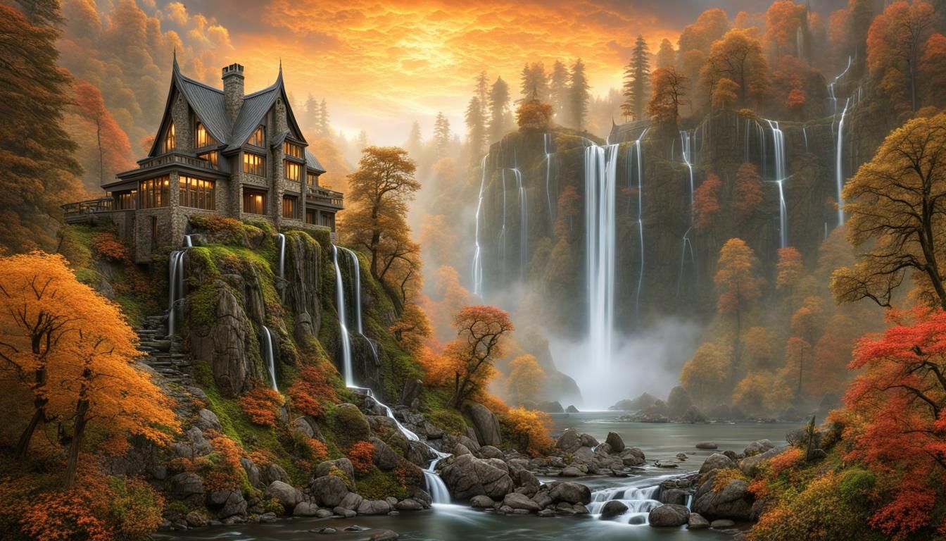 Elven Architecture Beside Waterfalls in Autumn
