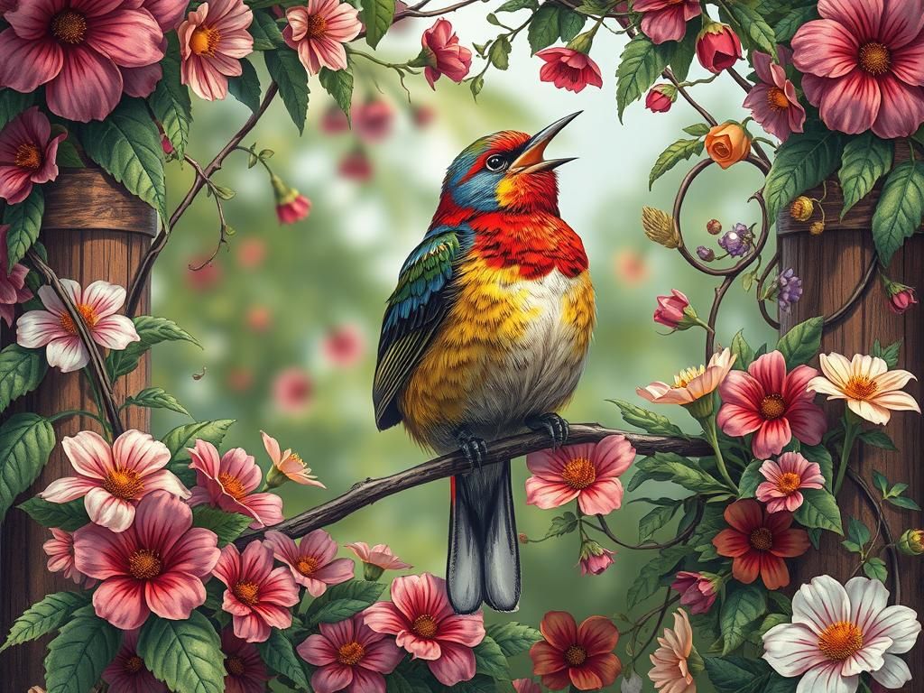 Singing Bird in Lush Garden, Intricate Art