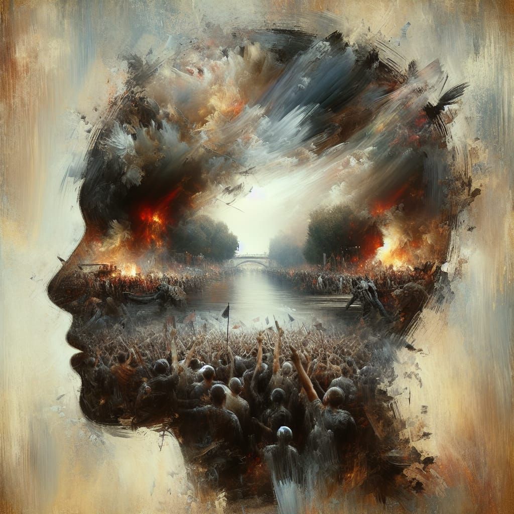 Surreal Head Containing Chaos and Demonstrations, Grunge Pai...