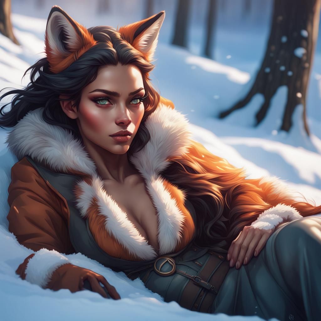 Vixen Portrait in Snow, Hyperdetailed Concept Art