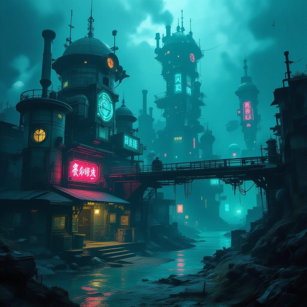 Bioluminescent Arcane Cityscape in Industrial Nightmare Styl...