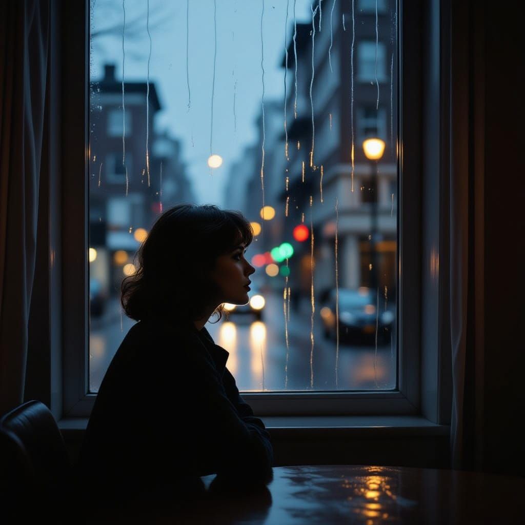 Woman Gazes From Rain-Streaked Window in Retro Apartment
