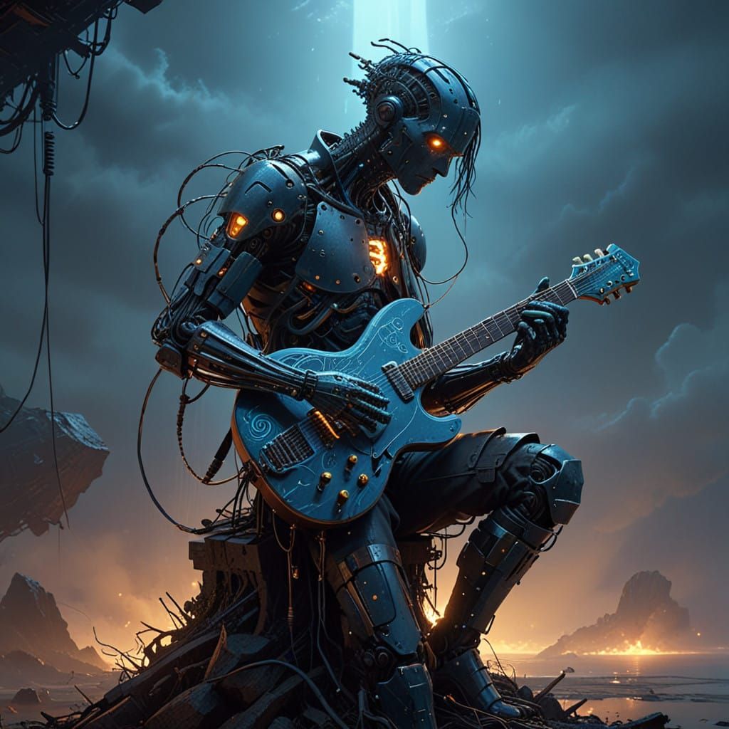 Cyberpunk Metal Musician in Eerie Bioluminescent Atmosphere