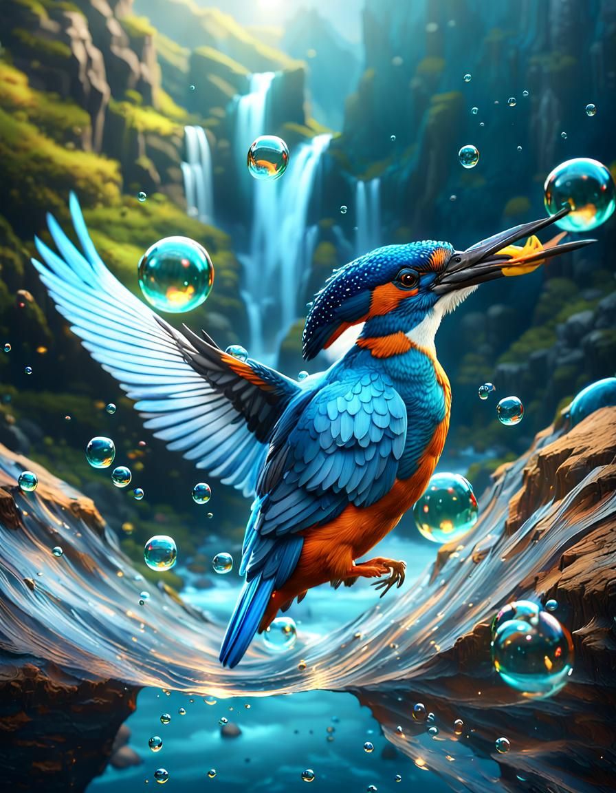 Kingfisher Bursting Bubbles in Anime Style