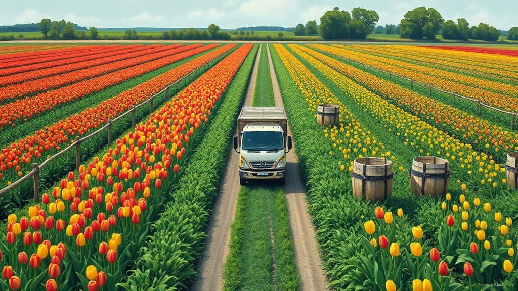 Bird's-Eye View of Tulip Field in Gouache Style
