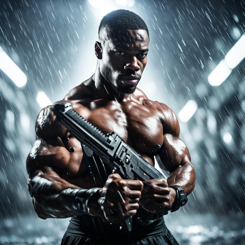 Cyberpunk Bodybuilder in Post-Apocalyptic Rain