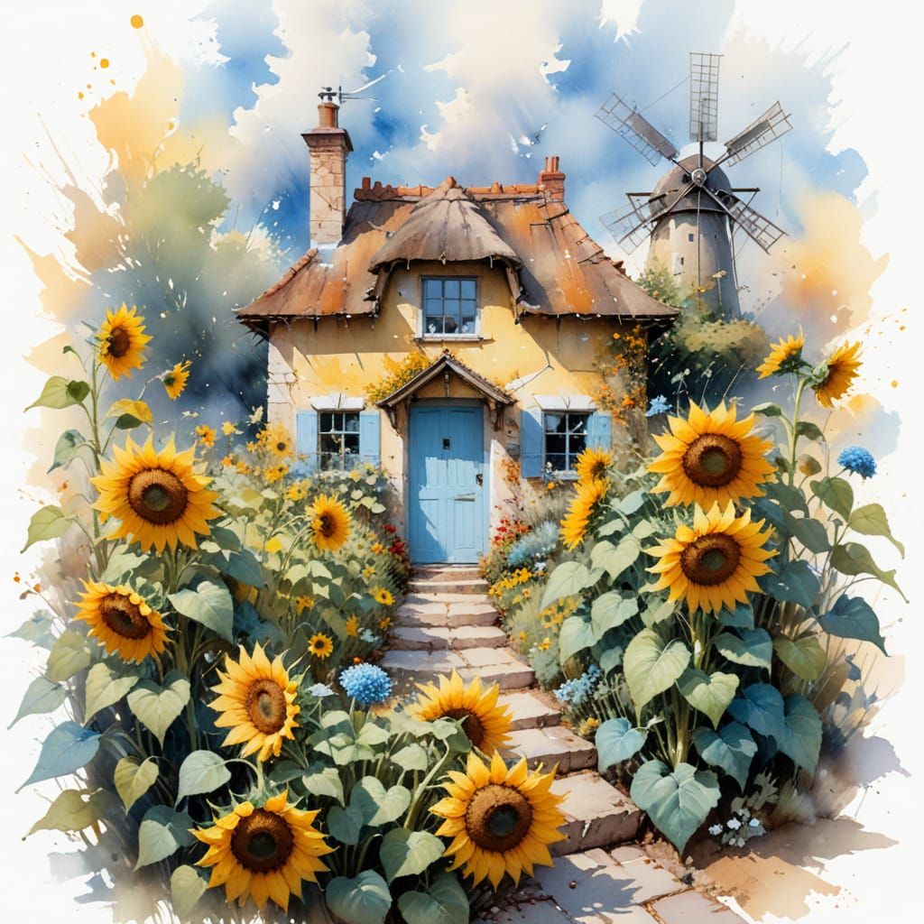 Miniature Windmill Cottage Amidst Giant Sunflowers in Warm L...